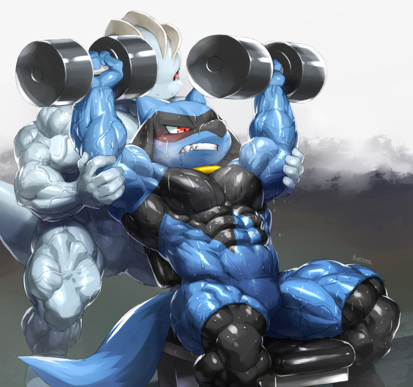 2020 abs anthro baby_pok&eacute;mon barazoku biceps big_muscles blush bodily_fluids clenched_teeth dumbbell duo exercise grey_background hands_on_arms hi_res humanoid incline_press kuroma machop male muscular muscular_anthro muscular_humanoid muscular_male narrowed_eyes navel nintendo nude obliques pecs pok&eacute;mon pok&eacute;mon_(species) quads riolu simple_background sitting standing sweat teeth vein veiny_muscles video_games weightlifting weights white_background workout