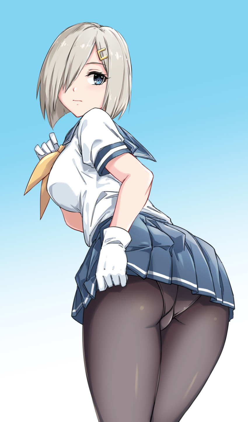 1girl absurdres ass black_legwear blue_eyes blue_skirt breasts fish.boy gloves hair_ornament hair_over_one_eye hairclip hamakaze_(kancolle) highres kantai_collection large_breasts miniskirt neckerchief panties panties_under_pantyhose pantyhose pleated_skirt school_uniform serafuku short_hair silver_hair skirt solo underwear white_gloves white_panties yellow_neckerchief