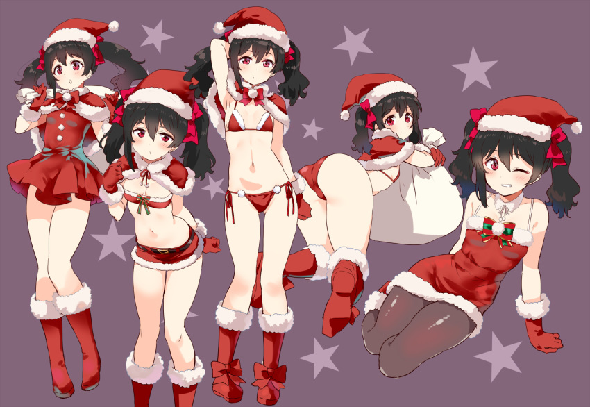 1girl ;) ass bandeau bikini black_hair black_legwear boots bow capelet closed_mouth fur_trim gloves hat kurokawa_makoto looking_at_viewer love_live! love_live!_school_idol_project multiple_views one_eye_closed pantyhose red_bikini red_bow red_capelet red_eyes red_footwear red_gloves red_headwear sack santa_bikini santa_hat short_sleeves side-tie_bikini simple_background sitting smile standing string_bikini swimsuit twintails yazawa_nico