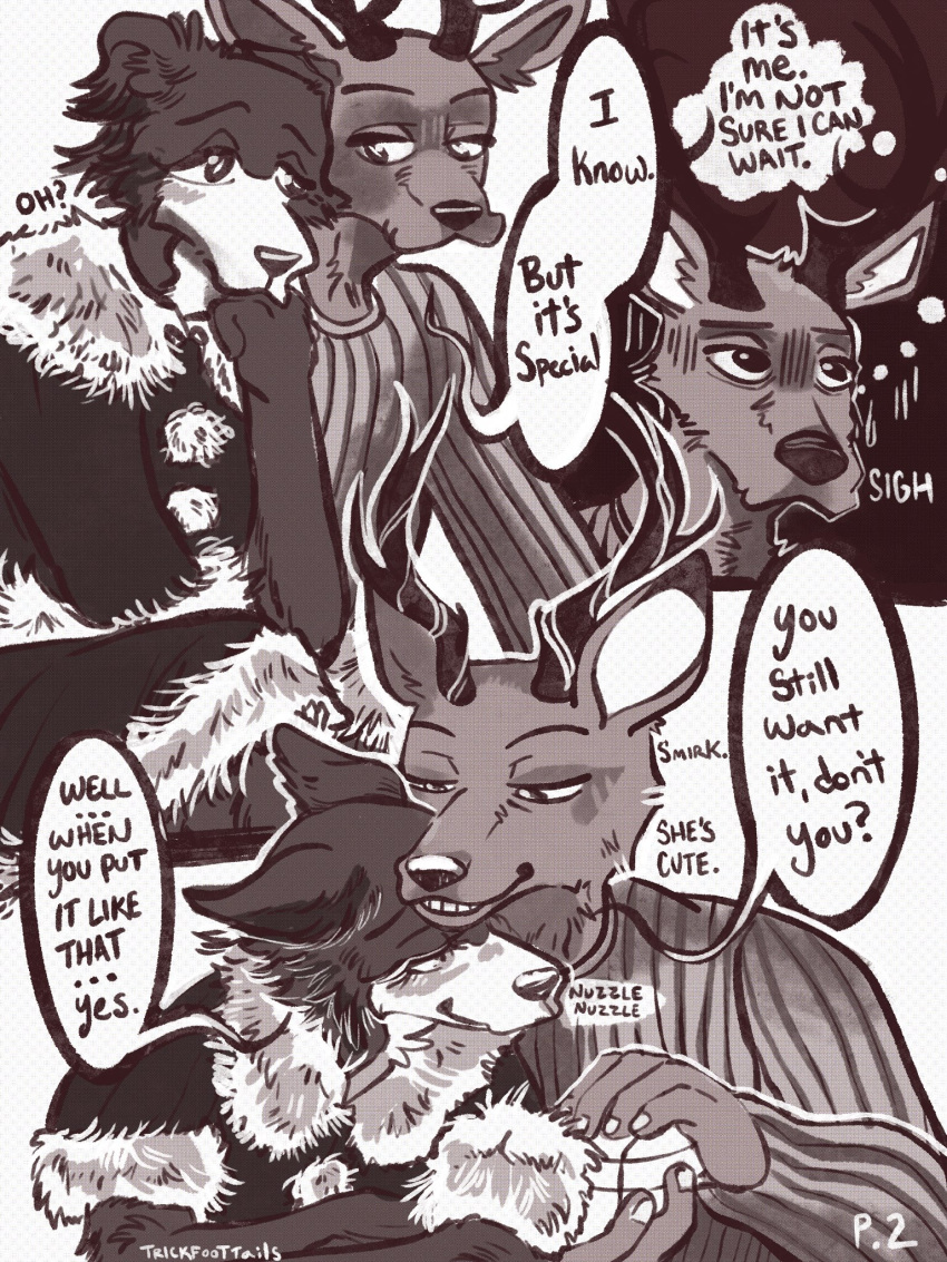 2020 3:4 anthro beastars black_nose canid canine canis cervid cervine christmas christmas_clothing clothed clothing comic countershade_face countershading dialogue dress duo english_text female fur fur_trim_(clothing) gift greyscale hand_under_chin hi_res holidays juno_(beastars) looking_at_another louis_(beastars) male male/female mammal monochrome nervous nuzzling red_deer santa_dress sigh sitting smile speech_bubble sweater teeth text topwear trickfoottails wolf