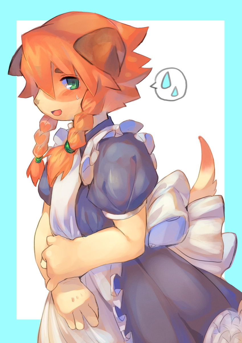 2019 4040tinta absurd_res anthro blush blush_lines bodily_fluids braided_hair canid canine canis clothing dipstick_tail domestic_dog female floppy_ears fur green_eyes hair hi_res kemono looking_at_viewer maid_uniform mammal multicolored_tail open_mouth open_smile orange_hair raised_tail smile smiling_at_viewer solo sweat sweatdrop tan_body tan_fur uniform