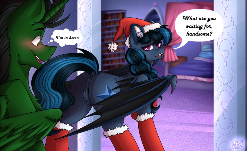 absurd_res anus bat_pony bed blush christmas christmas_clothing christmas_headwear clothing dialogue duo english_text equid female feral furniture genitals hasbro hat headgear headwear hi_res holidays horn male male/female mammal my_little_pony pussy santa_hat text tyna winged_unicorn wings