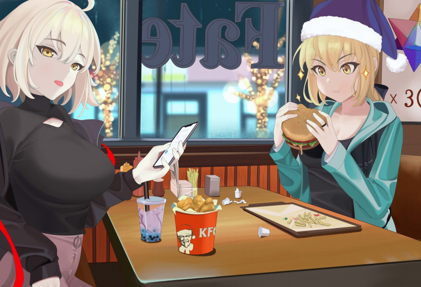 absurdres artoria_pendragon_(all) blonde_hair breasts bubble_tea cellphone christmas christmas_hat christmas_lights eating fate/grand_order fate_(series) food french_fries green_eyes green_hair hair_ribbon hamburger hat highres jacket jeanne_d'arc_(alter)_(fate) jeanne_d'arc_(fate)_(all) kfc large_breasts phone quatthro restaurant ribbon saber_alter saint_quartz short_hair skirt smartphone tongue tongue_out