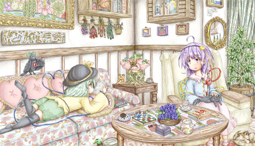 2girls ahoge animal_on_lap ankle_socks aqua_hair bear bird black_headwear black_legwear blue_flower blue_rose blue_shirt book bookshelf bottle bowl box bug butterfly carpet cat chair chess_piece chessboard clock coffee_table commentary couch cup cupboard curtains dragonfly dried_flower duck floral_print flower foot_out_of_frame fox frilled_sleeves frills from_side green_eyes green_skirt hair_ornament hairband hat hat_ribbon heart heart_hair_ornament heart_of_string heart_pillow highres indoors insect kaenbyou_rin kaenbyou_rin_(cat) komeiji_koishi komeiji_satori lamp leg_lift living_room long_sleeves looking_at_another lying manga_(object) mirror multiple_girls no_shoes on_couch on_stomach open_book painting_(object) picture_(object) picture_frame pillow pink_footwear pink_skirt planetary_ring plant potted_plant purple_eyes purple_hair raven_(animal) reiuji_utsuho reiuji_utsuho_(bird) ribbon rose saucer shirt short_hair siblings sisters sitting skirt slippers snail teacup teapot teaspoon thighhighs third_eye touhou white_legwear wide_shot wide_sleeves yellow_shirt ys_(ytoskyoku-57)