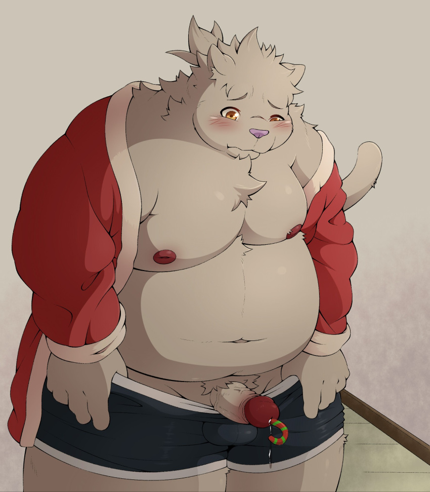 2020 anthro belly blush christmas clothing felid feline food food_fetish food_insertion food_play hi_res holidays improvised_sex_toy kemono male mammal moobs navel nipples overweight overweight_anthro overweight_male pomupomu490 solo underwear urethral