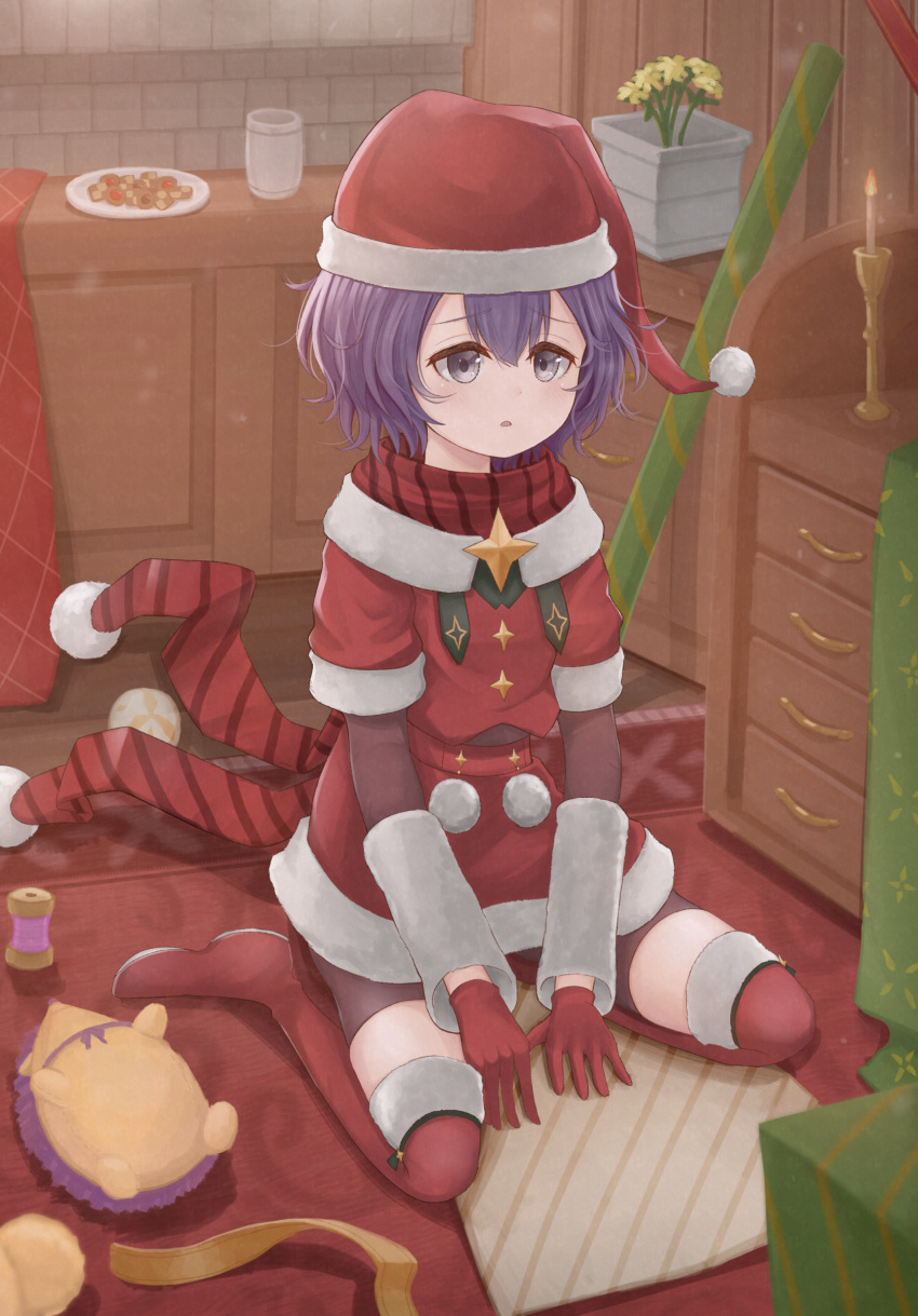 1girl absurdres atorie bernadetta_von_varley bike_shorts boots candle candlestand christmas cookie cup eyebrows_visible_through_hair fire_emblem fire_emblem:_three_houses fire_emblem_heroes flower flower_pot food gloves grey_eyes hat highres plate pom_pom_(clothes) purple_hair red_gloves red_legwear rug santa_costume santa_dress santa_hat short_hair sitting solo spool stuffed_animal stuffed_hedgehog stuffed_toy thigh_boots thighhighs wariza wrapping_paper