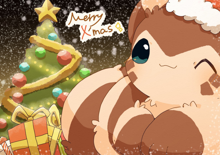 2020 blush brown_body brown_fur christmas christmas_clothing christmas_headwear christmas_tree clothing feral fur furret hat headgear headwear hi_res holidays ke_mo_suke kemono nintendo outside plant pok&eacute;mon pok&eacute;mon_(species) santa_hat snow snowing tree video_games