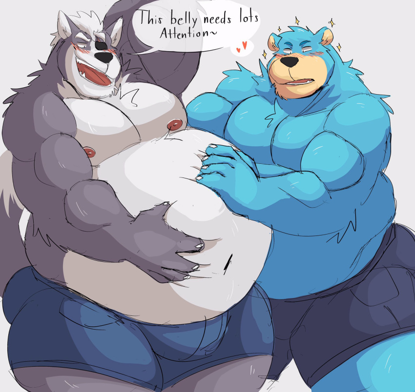 2020 anthro belly blush bottomwear bulge canid canine canis clothing duo english_text hi_res male male/male mammal moobs nintendo nipples obese overweight overweight_male shorts star_fox text ursid video_games vitashi wolf wolf_o'donnell