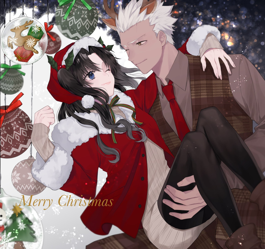 1boy 1girl alternate_costume animal_ears antlers archer artist_request black_hair blue_eyes box brown_eyes brown_shirt buttons carrying christmas christmas_ornaments christmas_tree closed_mouth commentary_request dark_skin dark_skinned_male deer_ears english_text eyebrows_visible_through_hair fake_animal_ears fate/stay_night fate_(series) fur-trimmed_headwear fur-trimmed_jacket fur-trimmed_sleeves fur_trim gift gift_box green_ribbon hand_on_another's_shoulder hat highres jacket lips long_hair long_sleeves looking_at_another merry_christmas multicolored multicolored_ribbon necktie one_eye_closed pantyhose princess_carry red_headwear red_jacket red_neckwear red_ribbon reindeer_antlers ribbed_sweater ribbon santa_costume shirt short_hair smile snowflakes snowman sweater thighhighs tohsaka_rin two_side_up white_hair