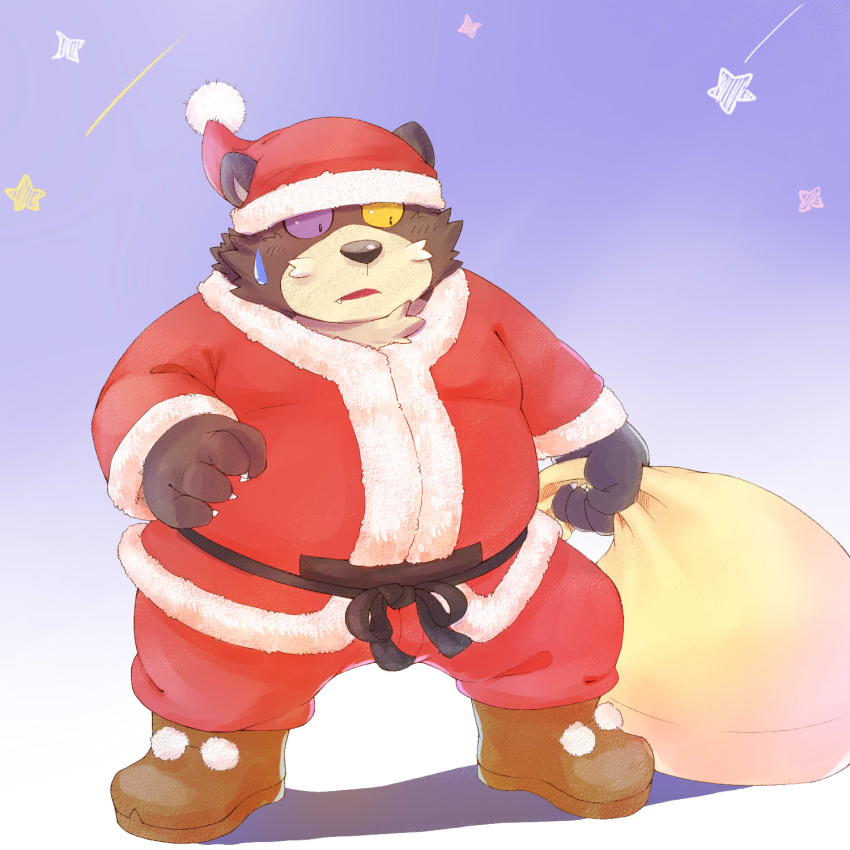 1:1 2020 anthro belly bottomwear brown_body brown_fur christmas christmas_clothing christmas_headwear clothing fur furipon hat headgear headwear hi_res holidays kemono male mammal overweight overweight_anthro overweight_male pants santa_claus santa_hat sengoku_puzzle solo ursid video_games 大江千兵衛