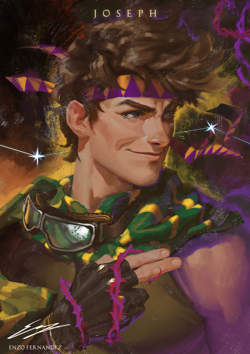 1boy absurdres artist_name battle_tendency brown_hair constellation enzo_fernandez fingerless_gloves gloves goggles goggles_around_neck headband hermit_purple highres jojo_no_kimyou_na_bouken joseph_joestar joseph_joestar_(young) scarf sleeveless smile solo star_(sky) thorns upper_body