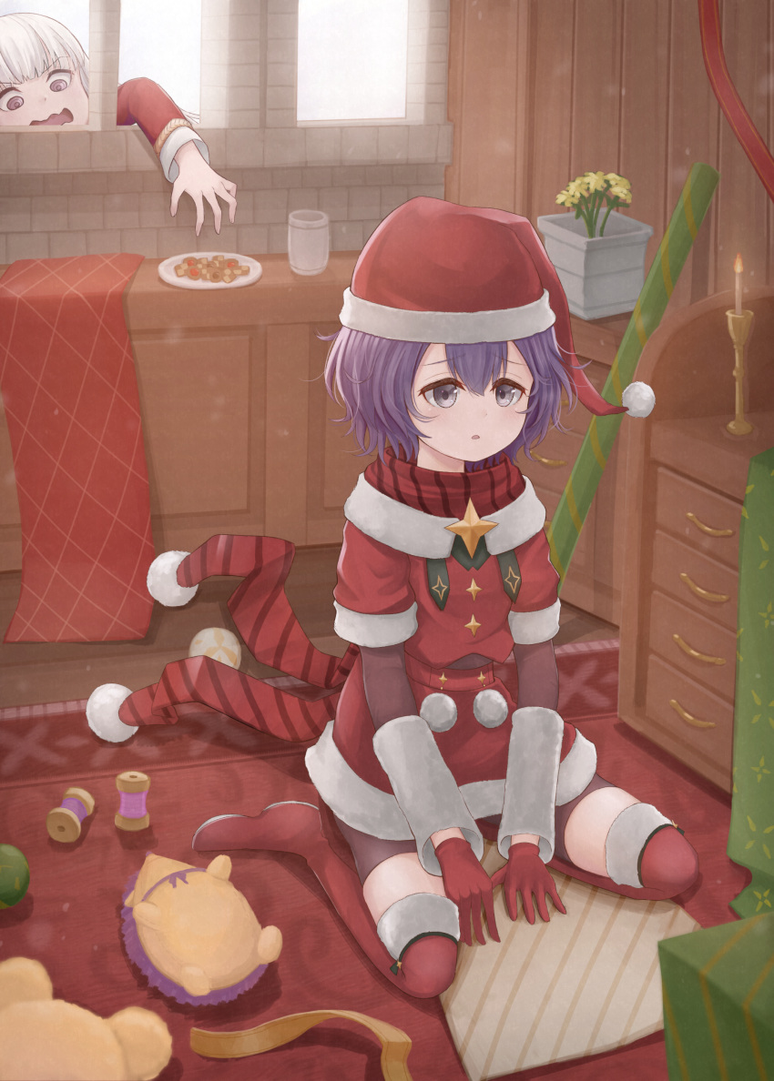 2girls absurdres atorie bernadetta_von_varley bike_shorts boots candle candlestand christmas cookie cup eyebrows_visible_through_hair fire_emblem fire_emblem:_three_houses fire_emblem_heroes flower flower_pot food gloves grey_eyes hat highres lysithea_von_ordelia multiple_girls plate pom_pom_(clothes) purple_eyes purple_hair reaching red_gloves red_legwear rug santa_costume santa_dress santa_hat short_hair sitting spool stuffed_animal stuffed_hedgehog stuffed_toy thigh_boots thighhighs wariza wavy_mouth white_hair window wrapping_paper