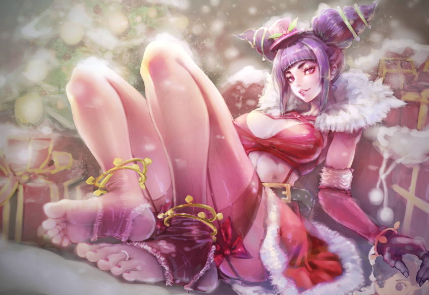 1girl abs absurdres anklet ass barefoot bracelet breasts christmas christmas_present christmas_tree feet fingerless_gloves foot_focus gift gloves han_juri hat highres jewelry large_breasts looking_at_viewer mini_hat pile sitting skirt soles street_fighter toe_ring toeless_legwear toenail_polish toes top_hat xiaozhizhu