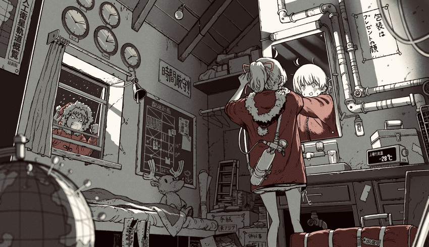 2girls absurdres adjusting_hair ahoge angry bed bell blueprint bow christmas clock commentary_request condensation cracked_wall curtains gas_tank globe hair_bow hand_on_window highres key keyring ladder light_bulb messy_room mirror monochrome multiple_girls needle o_o omao original partially_colored pipes ponytail reflection rudolph_the_red_nosed_reindeer santa_claus santa_costume scenery shouting spot_color stuffed_animal stuffed_toy teeth v-shaped_eyebrows window window_fog