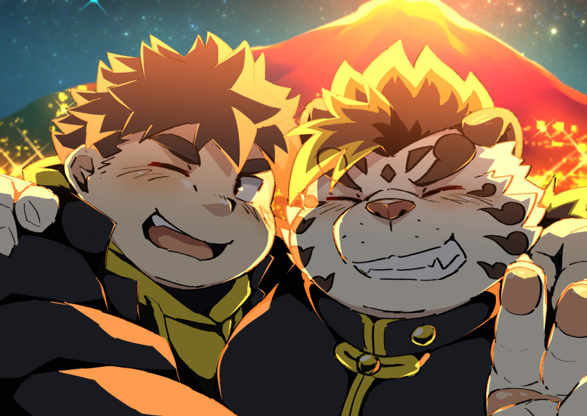 2020 anthro blush chubby_protagonist_(tas) duo eyes_closed felid hi_res hug human humanoid_hands kemono licho_(tas) lion male male/male mammal night outside overweight overweight_male pantherine protagonist_(tas) ptcmtr tiger tokyo_afterschool_summoners video_games