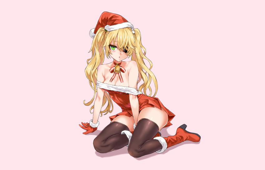 asanagi bell blonde_hair blush boots choker christmas dress eyepatch fischl_(genshin_impact) genshin_impact gloves green_eyes hat long_hair pink ribbons santa_costume santa_hat thighhighs third-party_edit twintails zettai_ryouiki