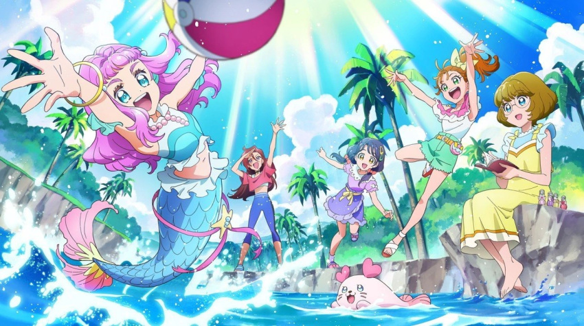 5girls :d arm_up artist_request ball barefoot beachball belt blue_eyes blue_hair blue_pants bow bracelet brown_hair choker creature dress frills glasses green_eyes green_shorts hair_bow happy ichinose_minori jewelry kururun_(precure) long_hair mermaid midriff monster_girl multiple_girls natsumi_manatsu navel official_art open_mouth outdoors palm_tree pants pink_bow pink_shirt playing precure purple_hair purple_shirt purple_skirt red_hair rora_(precure) sandals shirt short_hair shorts sitting skirt sleeveless sleeveless_shirt smile star_(symbol) suzumura_sango swimming takizawa_asuka thick_eyebrows tree tropical-rouge!_precure twintails water white_shirt yellow_bow yellow_dress