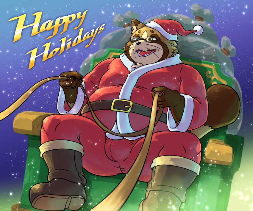 2020 absurd_res anthro bottomwear brown_body brown_fur bulge canid canine christmas christmas_clothing christmas_headwear clothing eyewear fur glasses hat headgear headwear hi_res holidays humanoid_hands kemono male mammal outside overweight overweight_anthro overweight_male pants raccoon_dog sakusan_kc santa_claus santa_hat sitting snow solo tanuki tenugui