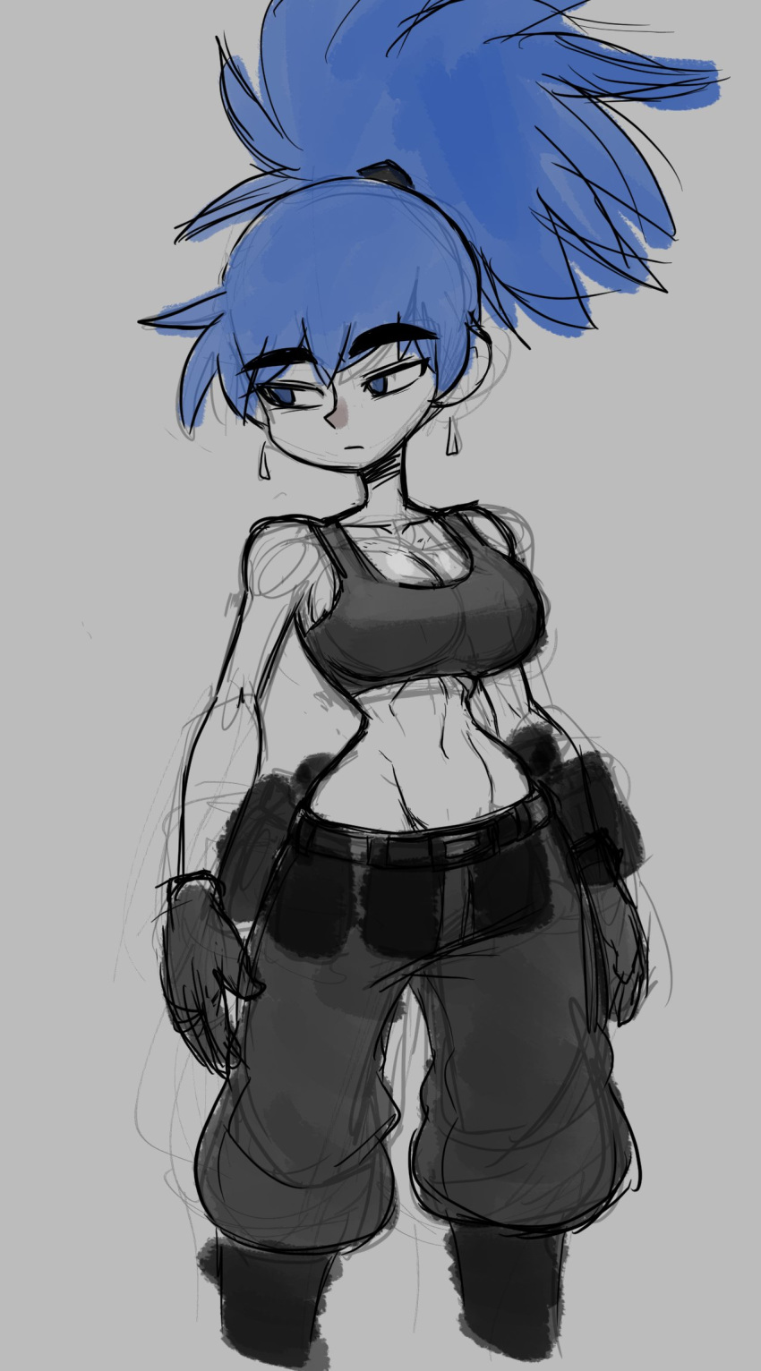 baggy_pants blue_eyes blue_hair breasts crop_top earrings gloves highres jellot jewelry leona_heidern midriff military navel pants rations the_king_of_fighters tied_hair work_in_progress