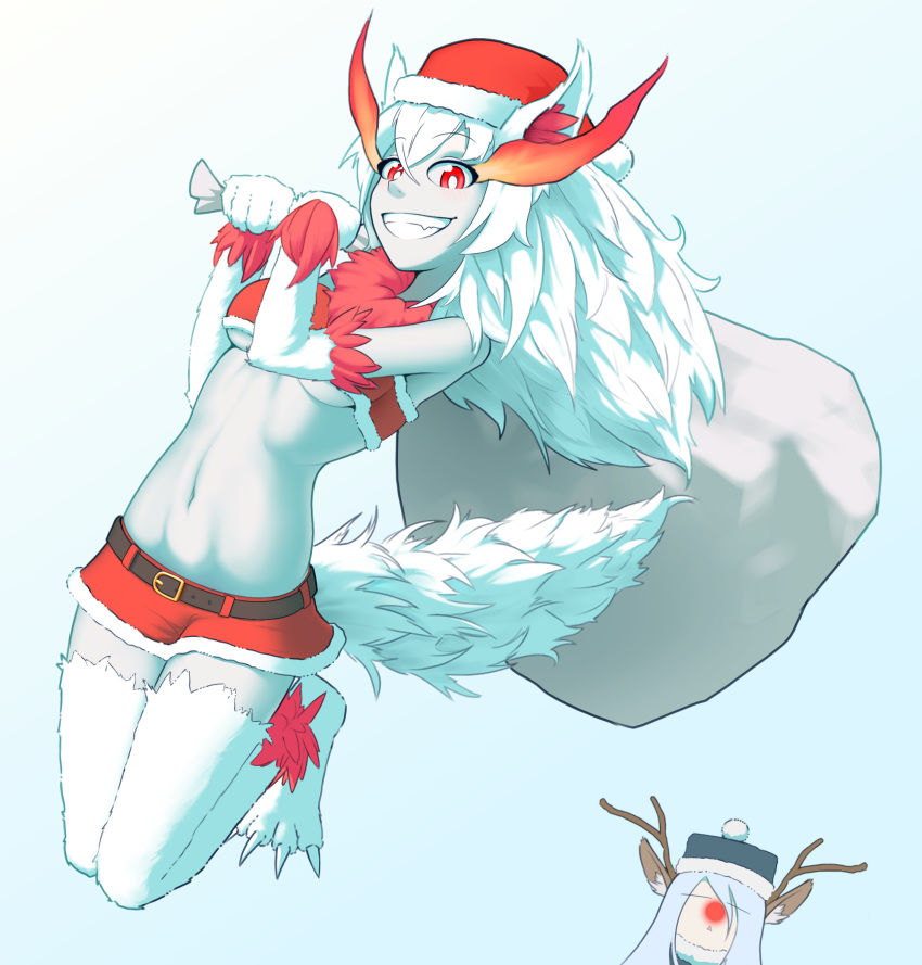 alternate_color animal_humanoid ankle_tuft antlers arm_tuft biped bottomwear breasts canid canid_demon canid_humanoid canine canine_humanoid cervid cervid_humanoid christmas christmas_clothing christmas_headwear claws clothed clothing costume demon duo einarrz female fire front_view fur grin hair hat headgear headwear hellhound hellhound_(mge) hi_res holding_object holidays horn hotpants humanoid jumping leg_tuft light_body light_skin long_hair looking_at_viewer mammal mammal_humanoid medium_breasts midair midriff monotone_hair monster_girl_(genre) monster_girl_encyclopedia navel neck_tuft pupils red_body red_eyes red_fur red_nose sack santa_costume santa_hat shorts slim smile solo_focus toe_claws tuft under_boob white_body white_claws white_fur white_hair white_pupils white_skin wrist_tuft