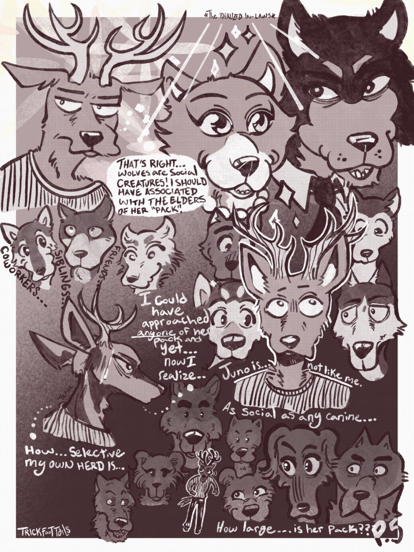 2020 3:4 anthro beastars black_nose bodily_fluids canid canine canis cervid cervine clothed clothing comic concerned dialogue english_text fur greyscale group hi_res imagination looking_at_another louis_(beastars) male mammal monochrome overwhelmed red_deer speech_bubble sweat sweater teeth text thinking topwear trickfoottails wolf