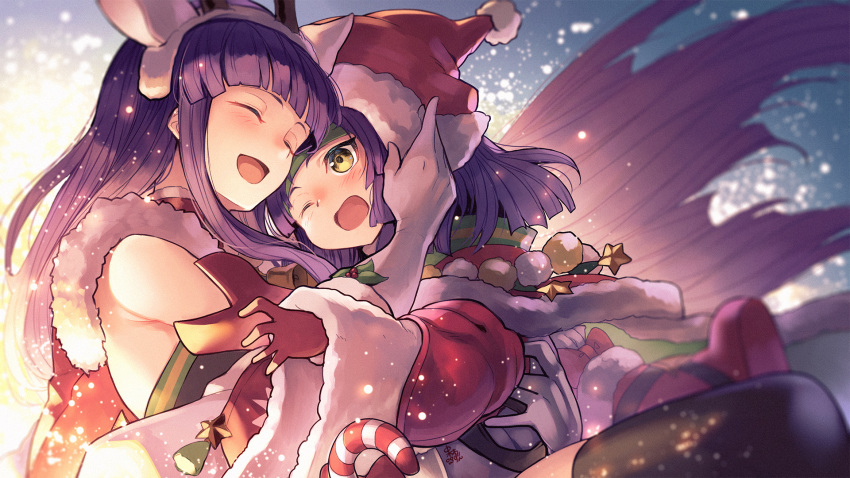 2girls :d :o altina antlers armpits bare_shoulders black_legwear blush christmas fake_antlers fire_emblem fire_emblem:_path_of_radiance fire_emblem:_radiant_dawn fire_emblem_heroes gloves hat highres hug long_hair long_sleeves multiple_girls nakabayashi_zun one_eye_closed open_mouth purple_hair red_gloves reindeer_antlers sanaki_kirsch_altina santa_hat smile white_gloves wide_sleeves yellow_eyes