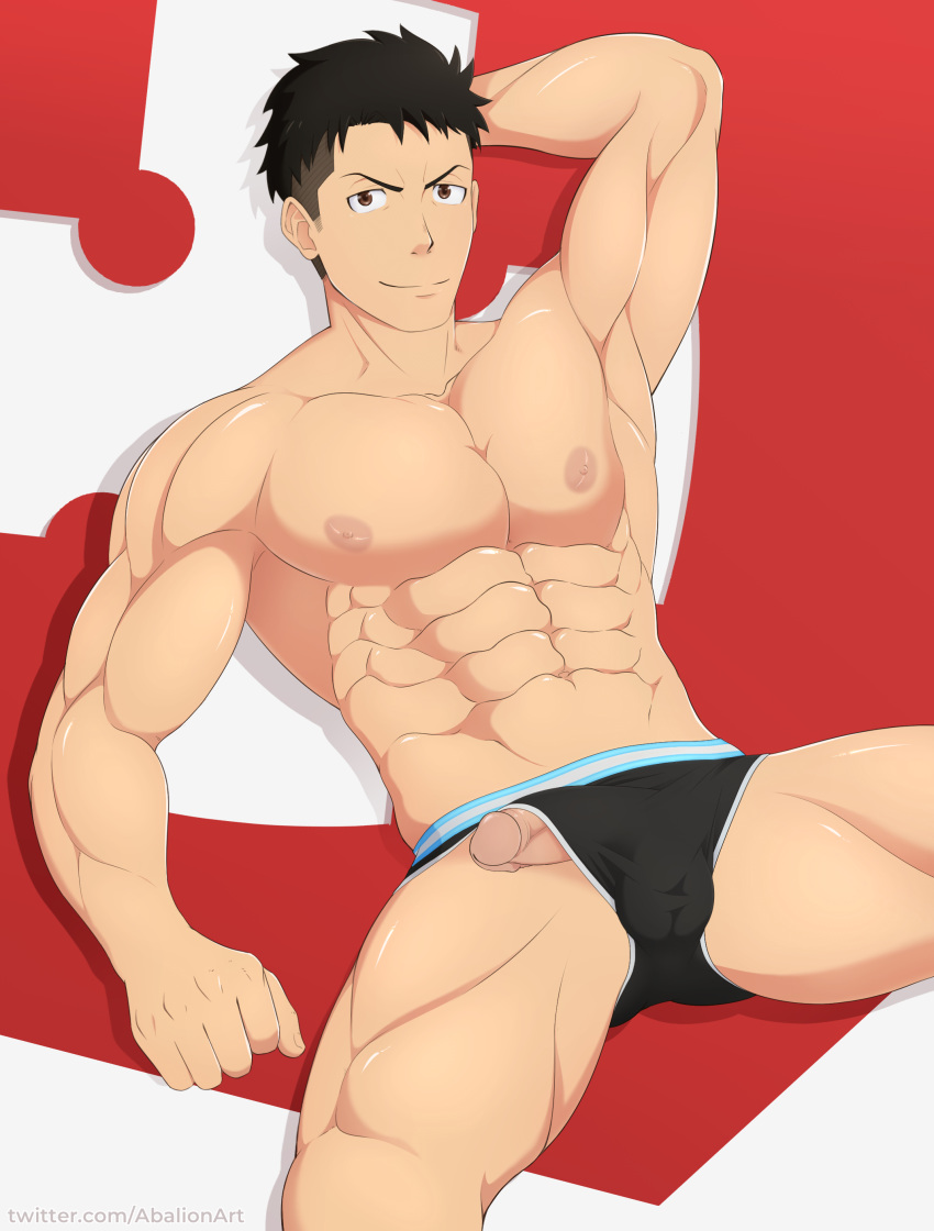 1boy abalionart abs absurdres akitaru_oubi arm_behind_head bara black_hair black_male_underwear brown_eyes bulge en'en_no_shouboutai flaccid highres male_focus muscular muscular_male navel nipples pectorals penis short_hair smile solo spread_legs thighs uncensored undercut underwear underwear_only