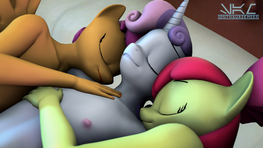 16:9 3d_(artwork) anthro anthrofied apple_bloom_(mlp) digital_media_(artwork) equid equine female friendship_is_magic group gynomorph_(lore) hasbro hi_res horn mammal my_little_pony nipples orange_body pegasus scootaloo_(mlp) senthaurekmern sleeping sweetie_belle_(mlp) unicorn white_body widescreen wings yellow_body