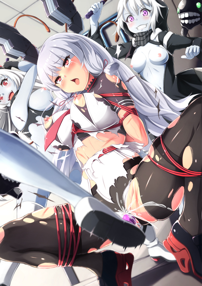 4girls absurdres ahegao airfield_princess areolae bdsm blush bondage bound bound_nipples bra breasts colored_skin crying cyoppu dildo fang female_ejaculation grey_skin grin highres hood hoodie i-class_destroyer indoors kantai_collection kicking large_breasts long_hair medium_breasts medium_hair multiple_girls murakumo_(kantai_collection) navel necktie nipple_torture nipples open_mouth panties panties_aside pantyhose purple_eyes pussy_juice rape re-class_battleship red_eyes rope rope_marks scar scarf sex_toy shirt shoes silver_hair smile tears teeth thighhighs tiptoes tongue tongue_out torn_bra torn_clothes torn_legwear torn_shirt twintails underwear unzipped vaginal very_long_hair whip white_hair yuri