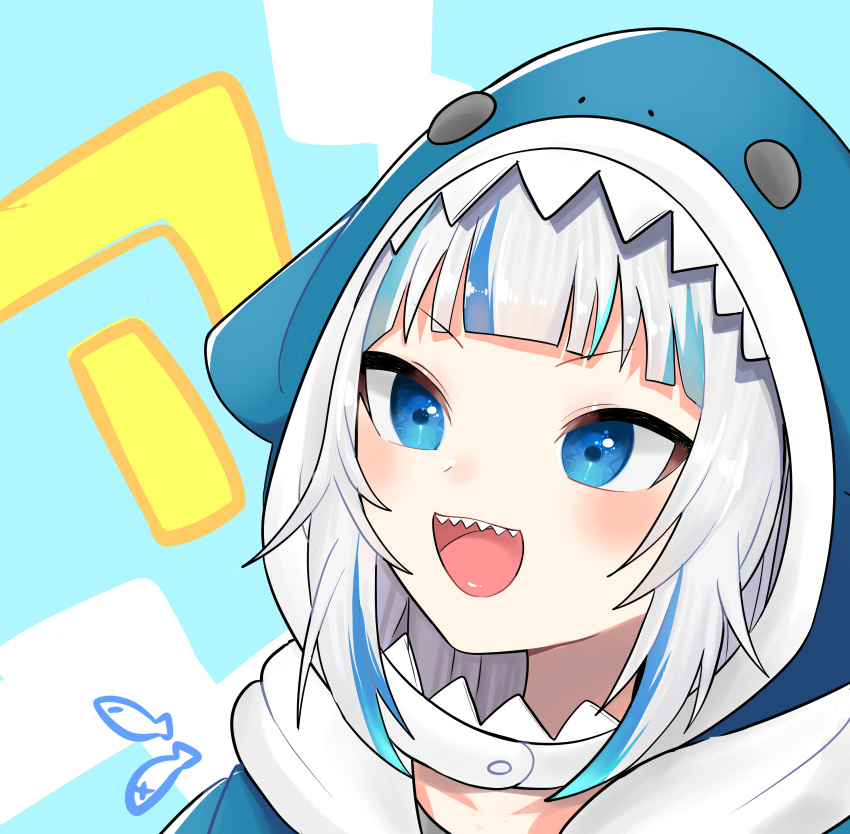 1girl :d a absurdres animal_hood bangs blue_background blue_eyes blue_hair blue_hoodie blush commentary face fish gawr_gura highres hololive hololive_english hood hood_up hoodie looking_at_viewer multicolored_hair open_mouth shark_hood sharp_teeth smile solo streaked_hair tabi_(cufs5442) teeth upper_teeth virtual_youtuber white_background yellow_background