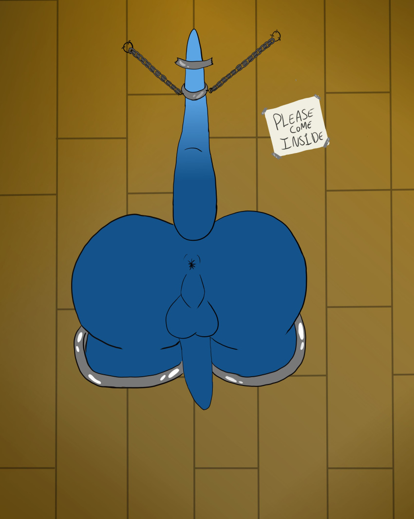 absurd_res anthro bluefuzzydragon butt chain dragon hi_res male public_use solo through_wall