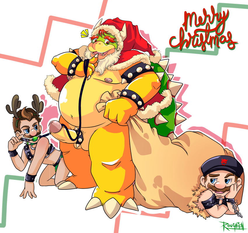 2020 absurd_res anthro bdsm beard bowser christmas christmas_clothing christmas_headwear clothing erection facial_hair genitals group hat headgear headwear hi_res holidays horn human humanoid_hands koopa leather luigi male mammal mario mario_bros moobs nintendo nipples overweight overweight_male penis petplay roleplay roughien_(artist) santa_hat scalie underwear video_games