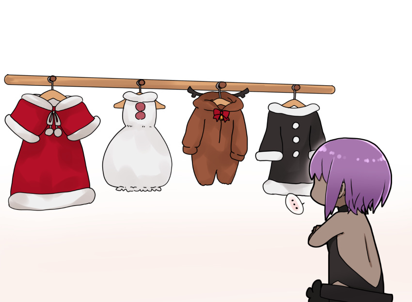 ... 1girl animal_costume backless_outfit bangs bare_shoulders black_bodysuit black_dress bodysuit capelet chibi clothes_hanger crossed_arms dark_skin dress facing_away fate/prototype fate/prototype:_fragments_of_blue_and_silver fate_(series) from_behind fur-trimmed_capelet fur-trimmed_dress fur-trimmed_sleeves fur_trim gradient gradient_background grey_background hassan_of_serenity_(fate) highres i.u.y long_sleeves purple_hair red_capelet red_dress reindeer_costume santa_costume sidelocks snowman_costume solo spoken_ellipsis white_background white_dress