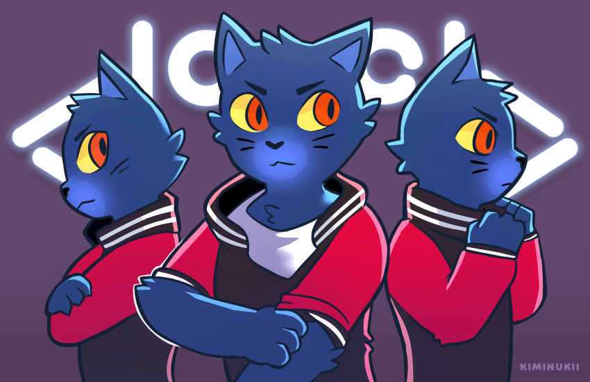 anthro blue_body blue_fur caravan_palace clothing domestic_cat felid feline felis fur group hi_res jacket kiminukii lone_digger male mammal red_eyes topwear trio