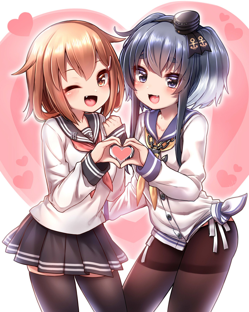 2girls anchor anchor_symbol black_hair black_legwear blush brown_eyes brown_hair commentary_request dress fang gradient_hair hat heart heart_hands heart_hands_duo highres ikazuchi_(kantai_collection) kantai_collection long_sleeves looking_at_viewer mini_hat multicolored_hair multiple_girls neckerchief one_eye_closed open_mouth panties pantyhose sailor_collar school_uniform serafuku shirt short_hair short_hair_with_long_locks side-tie_panties smile thighhighs tied_shirt tokitsukaze_(kantai_collection) underwear yellow_neckwear yufukiri
