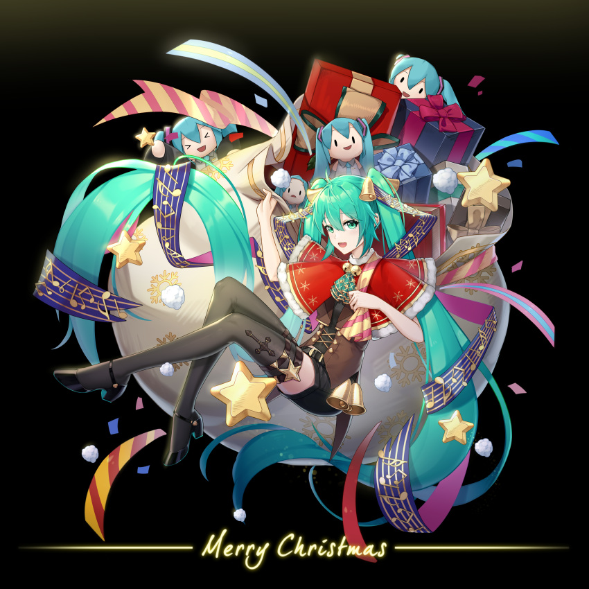 &gt;_&lt; 1girl absurdly_long_hair absurdres aqua_eyes aqua_hair aqua_neckwear bare_shoulders beamed_eighth_notes bell belt black_background black_legwear black_shorts black_sleeves box capelet character_doll chinese_commentary christmas commentary confetti cross detached_sleeves eighth_note english_commentary fur-trimmed_capelet fur_trim gift gift_box gold_trim grey_shirt hair_bell hair_ornament hatsune_miku highres lace-up_top long_hair looking_at_viewer mixed-language_commentary musical_note musical_note_print neck_bell necktie open_mouth quarter_note red_capelet ribbon shirt shorts sitting sixteenth_note sleeveless sleeveless_shirt smile snowflake_print solid_oval_eyes staff_(music) star_(symbol) star_ornament striped striped_ribbon thighhighs twintails very_long_hair vocaloid zuiai_gongzhu_dianxia