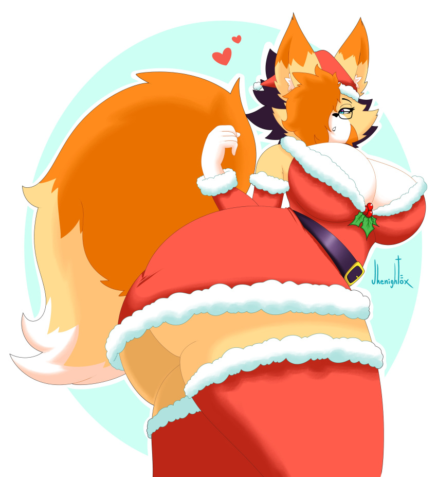 absurd_res anthro big_breasts big_butt breasts butt canid canine christmas christmas_clothing christmas_headwear cleavage clothed clothing eyewear female fox glasses hat headgear headwear hi_res holidays huge_butt jhenightfox julie_(jhenightfox) legwear mammal santa_hat solo thick_thighs thigh_highs