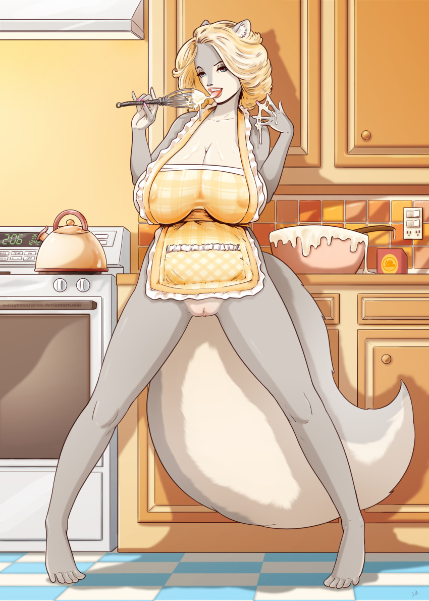 absurd_res anthro apron breasts clothing female genitals hair hi_res kettle kitchen kitchen_utensils mammal mephitid outlet oven pussy skunk solo tools whisk zaftigbunnypress