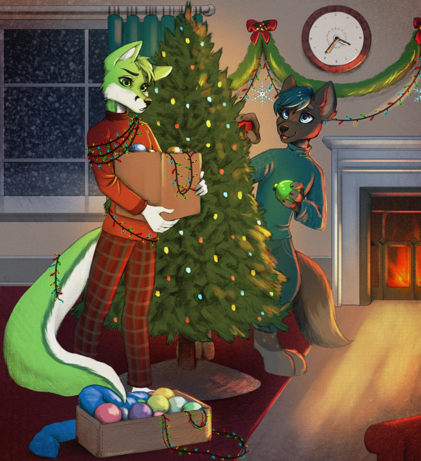 anthro black_nose blue_eyes bow canid canine canis chair christmas christmas_clothing christmas_headwear christmas_lights christmas_ornament christmas_tree clock clothed clothing damian_the_wolfdog decoration decorative degitigrade digital_media_(artwork) domestic_dog duo festive fire fireplace fox fur furniture garland green_body green_eyes green_fur hair headgear headwear hi_res holidays hybrid lights male mammal night ornament ornaments pajama_pants pajama_shirt pajamas plant rug smile snow spots tree white_body white_fur winter wolf wolfdog zemnovodnoe