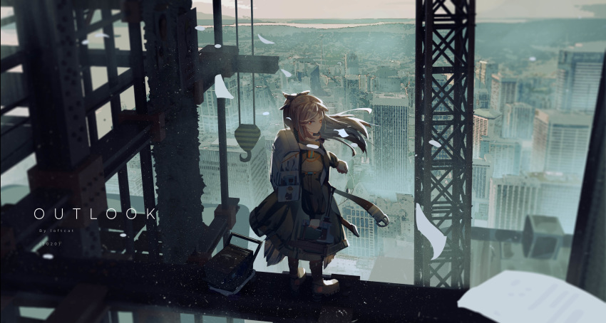 1girl 2020 absurdres arknights artist_name backpack bag belt belt_buckle black_coat black_footwear boots brown_hair buckle building cityscape coat crane_(machine) english_text floating_clothes floating_hair gun highres holding holding_gun holding_weapon loftcat long_hair looking_at_viewer nailgun pinecone_(arknights) red_eyes scaffolding scenery skyscraper solo standing steel_beam weapon