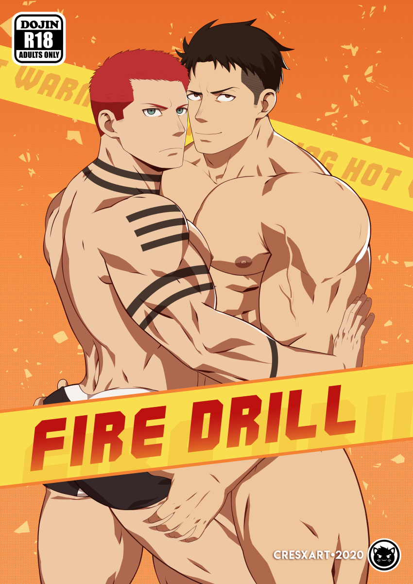 2boys abs absurdres akitaru_oubi arm_tattoo bara black_hair black_male_underwear brown_eyes censored contrapposto cover cover_page cowboy_shot crestren doujin_cover doujinshi en'en_no_shouboutai green_eyes head_to_head highres huge_filesize leg_between_thighs male_focus multiple_boys muscular muscular_male nipples pectorals penis red_hair reward_available short_hair shoulder_tattoo smile tattoo thick_thighs thighs undercut underwear underwear_only veins vulcan_joseph yaoi