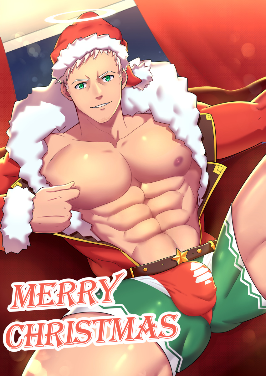 1boy abs absurdres ass_visible_through_thighs bara bare_pecs bulge character_request christmas fur-trimmed_jacket fur_trim green_eyes green_shorts gyee halo hat highres jacket looking_at_viewer male_focus merry_christmas minghecanyue muscular muscular_male navel nipple_tweak nipples open_clothes open_jacket pectorals red_male_underwear santa_costume santa_hat self_fondle short_hair shorts solo spread_legs stomach thick_thighs thighs white_hair