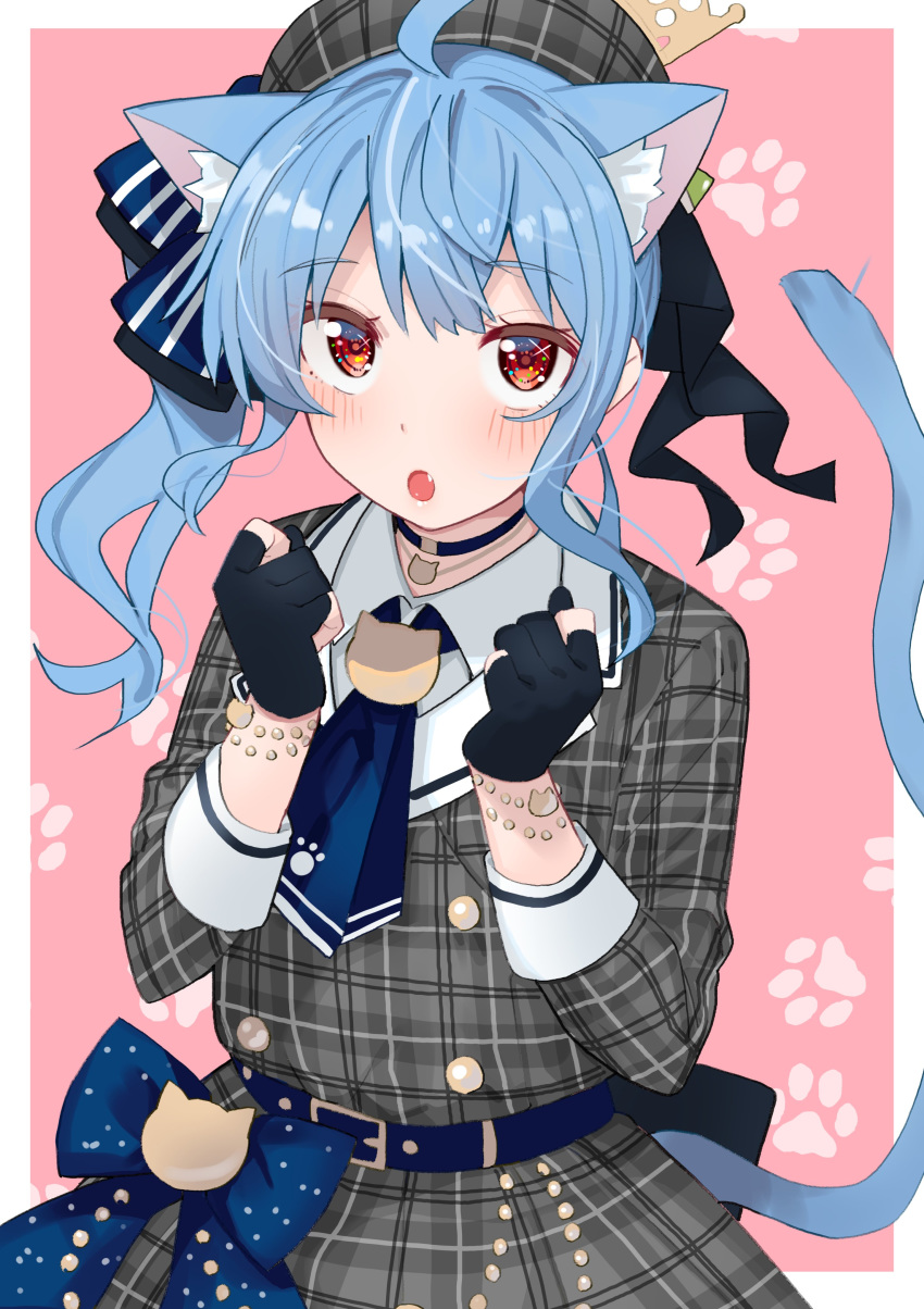 1girl absurdres ahoge animal_ear_fluff animal_ears black_choker black_gloves blue_hair blue_neckwear cat_ears cat_girl cat_tail choker collared_shirt eyebrows_visible_through_hair fang gloves grey_headwear grey_jacket hat highres hololive hoshimachi_suisei jacket jewelry long_hair long_sleeves neckerchief necklace open_mouth partially_fingerless_gloves paw_background plaid_headwear plaid_jacket red_eyes shirt solo tail tonarikeru virtual_youtuber white_shirt