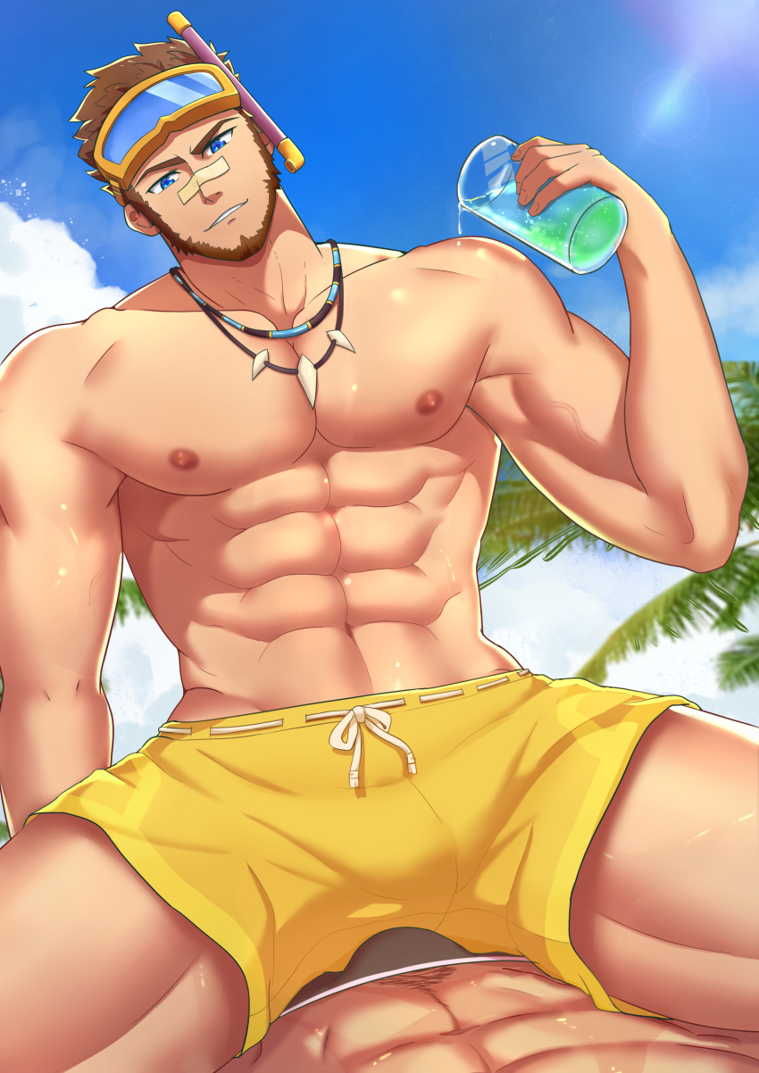 2boys abs absurdres bandaid bandaid_on_nose bara bare_pecs beach beard blue_eyes brown_hair bulge diving_mask diving_mask_on_head facial_hair head_tilt highres imminent_sex jarvan_lightshield_iv league_of_legends male_focus male_swimwear minghecanyue multiple_boys muscular muscular_male navel nipples official_alternate_costume pectorals short_hair shorts sitting sitting_on_person sky solo_focus spilling spread_legs sunlight swim_trunks swimwear thick_thighs thighs tooth_necklace wet yaoi yellow_shorts