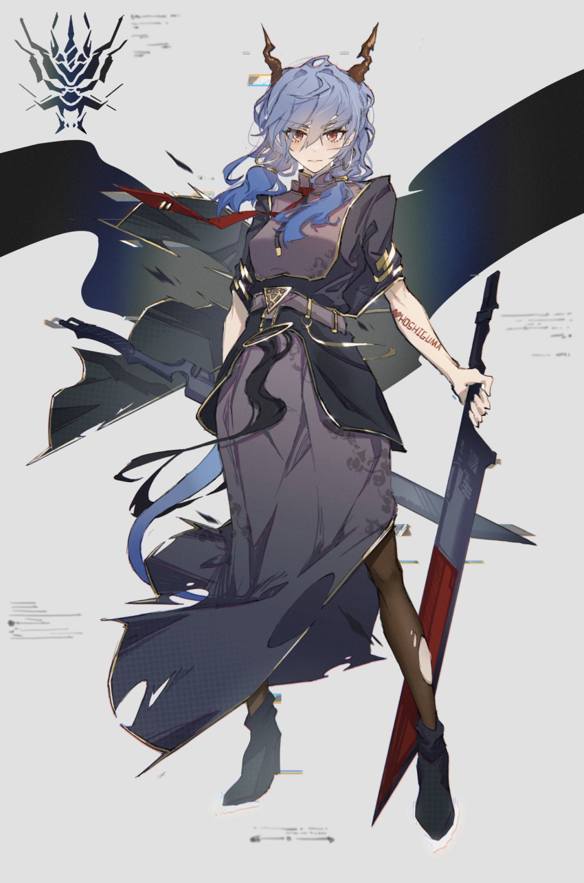 1girl alternate_costume alternate_hairstyle arknights black_coat black_dress black_footwear black_legwear blue_hair ch'en_(arknights) chi_xiao_(arknights) coat commentary dated_commentary dragon_horns dress dual_wielding earrings eyebrows_visible_through_hair floating_clothes flp_30 full_body great_lungmen_logo grey_background highres holding holding_sword holding_weapon hoop_earrings horns implied_yuri jewelry long_hair looking_at_viewer low-tied_long_hair low_twintails necktie red_eyes red_neckwear solo standing sword tattoo tied_hair torn_clothes torn_legwear twintails weapon