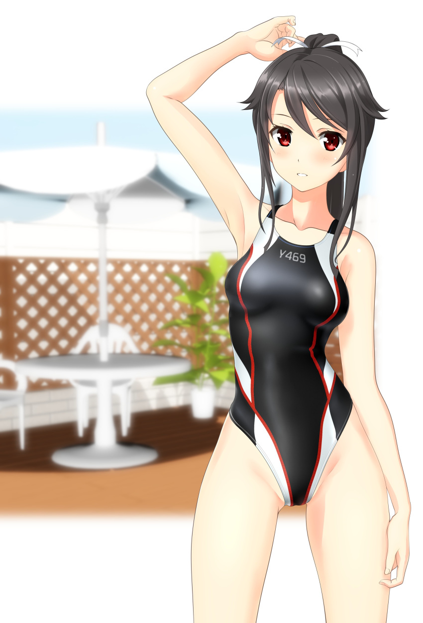 1girl absurdres beach_umbrella black_hair black_swimsuit blurry breasts chair commentary_request competition_swimsuit cowboy_shot depth_of_field fence hair_ribbon high_school_fleet highleg highleg_swimsuit highres long_hair looking_at_viewer multicolored multicolored_clothes multicolored_swimsuit munetani_mashiro one-piece_swimsuit parted_lips ponytail red_eyes ribbon small_breasts solo standing swimsuit table takafumi umbrella white_ribbon