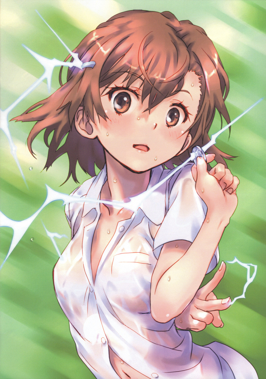 1girl absurdres biribiri blush brown_eyes brown_hair coin electricity hair_ornament hairpin highres huge_filesize looking_at_viewer misaka_mikoto navel open_mouth raika9 school_uniform see-through shirt short_hair solo spiked_hair sweater_vest to_aru_kagaku_no_railgun to_aru_majutsu_no_index wet wet_clothes wet_shirt