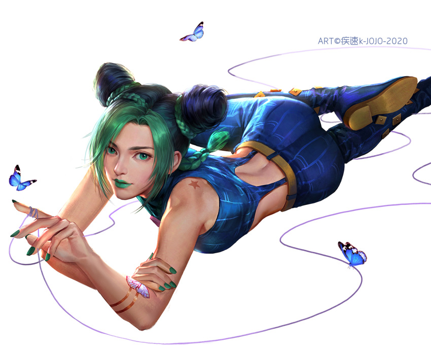 1girl armlet bare_arms bare_shoulders belt birthmark braid braided_bun bug butterfly cdash817 chinese_commentary closed_mouth commentary_request double_bun eyebrows_behind_hair full_body green_eyes green_lipstick green_nails hand_on_own_arm highres insect joestar_birthmark jojo_no_kimyou_na_bouken kuujou_jolyne light_smile lipstick looking_at_viewer lying makeup multicolored_hair multiple_braids nail_polish pants simple_background solo stone_ocean string string_around_finger watermark white_background