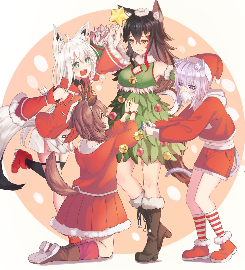 absurdres adapted_costume ahoge alternate_costume animal_ear_fluff animal_ears aqua_eyes bell black_footwear black_hair black_legwear blush boots braid breasts brown_footwear brown_hair cat_ears cat_tail christmas christmas_ornaments christmas_tree_costume cleavage cleavage_cutout closed_mouth clothing_cutout commentary detached_collar dog_ears dog_tail dress eyebrows_visible_through_hair fake_antlers fake_facial_hair fake_mustache fake_nose fox_ears fox_tail full_body fur-trimmed_boots fur-trimmed_skirt fur_trim green_dress hair_between_eyes hair_ornament hat highres hololive hololive_gamers hood hoodie inugami_korone jacket kiukoma kneeling light_purple_hair lips long_hair looking_at_another medium_breasts medium_hair midriff midriff_peek miniskirt multicolored_hair navel nekomata_okayu ookami_mio open_mouth orange_background orange_eyes pleated_skirt pom_pom_(clothes) ponytail purple_eyes red_footwear red_hair red_headwear red_hoodie red_jacket red_legwear red_nose red_shorts red_skirt santa_costume santa_hat shirakami_fubuki short_hair short_shorts shorts side_braid side_slit silver_hair simple_background single_braid single_thighhigh skirt small_breasts smile socks standing standing_on_one_leg star_(symbol) star_ornament streaked_hair striped striped_legwear tail thigh_strap thighhighs two-tone_hair two-tone_legwear virtual_youtuber white_background white_legwear white_shorts wide_sleeves wolf_ears wolf_tail