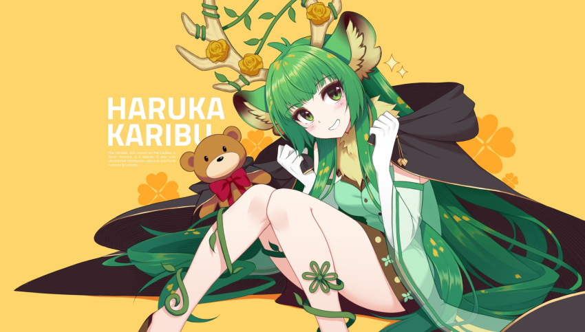 1girl animal_ears antlers bangs blunt_bangs bow character_name cloak detached_sleeves english_commentary eyebrows_visible_through_hair fur_scarf gloves green_eyes green_hair haruka_karibu highres indie_virtual_youtuber light_blush long_hair moose_ears moose_girl red_bow rizky_(strated) see-through_sleeves sitting smile solo stuffed_animal stuffed_toy teddy_bear very_long_hair white_gloves wide_sleeves yellow_background